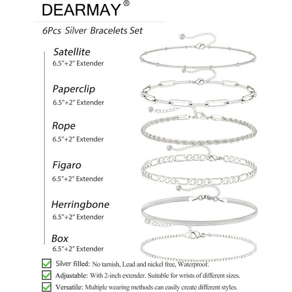 Dainty Silver Plated Bracelets Set for Women - Paperclip, Herringbone - Picture 6 of 9